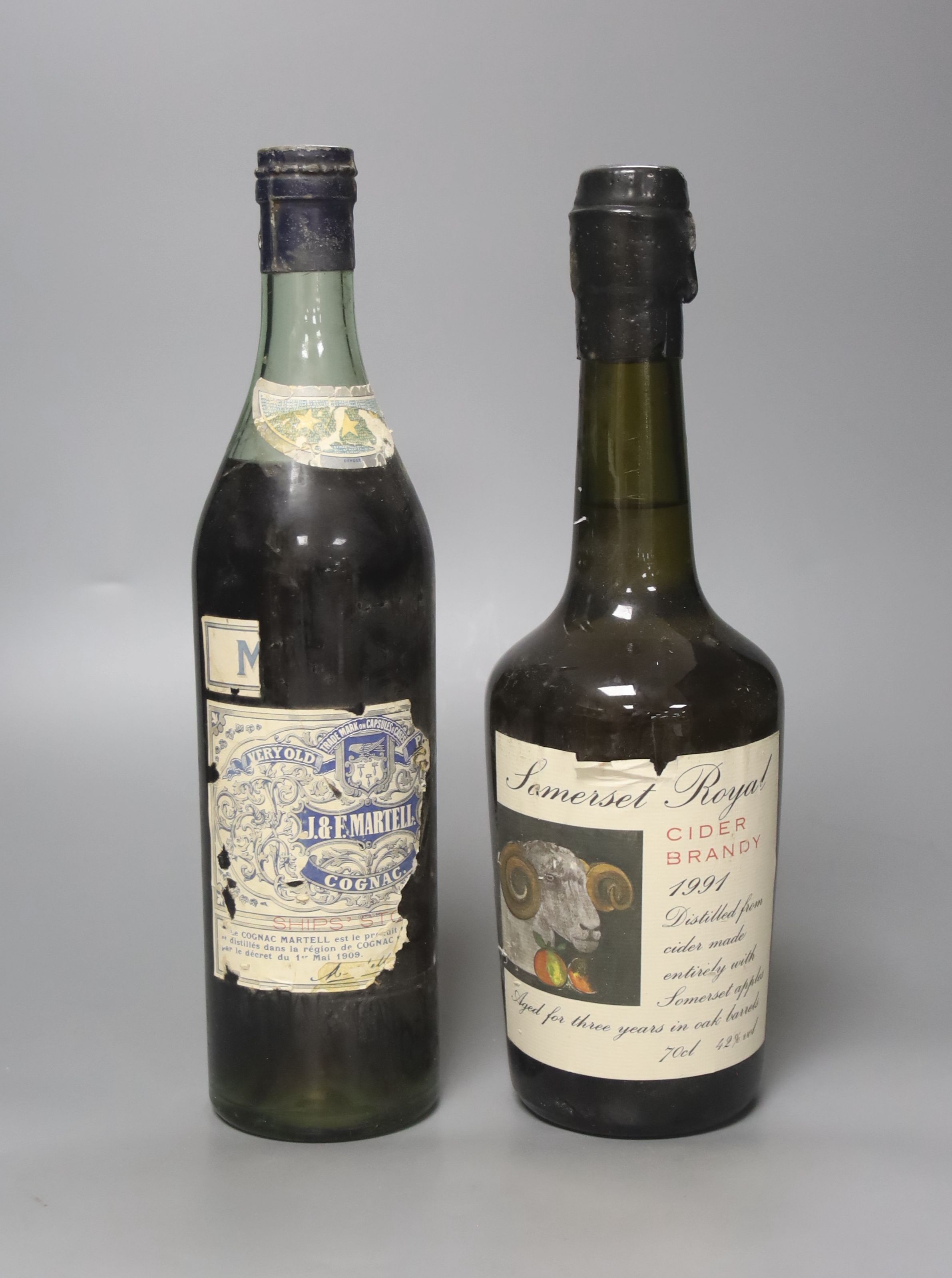 A bottle of J and F Martel Cognac and a bottle of 1991 cider brandy